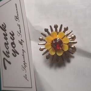 Vintage 60's Sunflower Brooch Lapel Pin Ruby Red Yellow Gold Signed Hong Kong